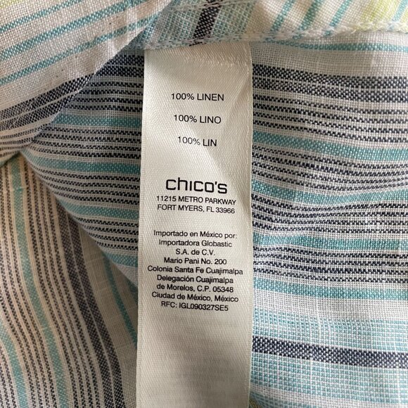 Chicos No-Iron 100% Linen Blue White Green Chevron Striped Button-Up Shirt - Picture 7 of 8